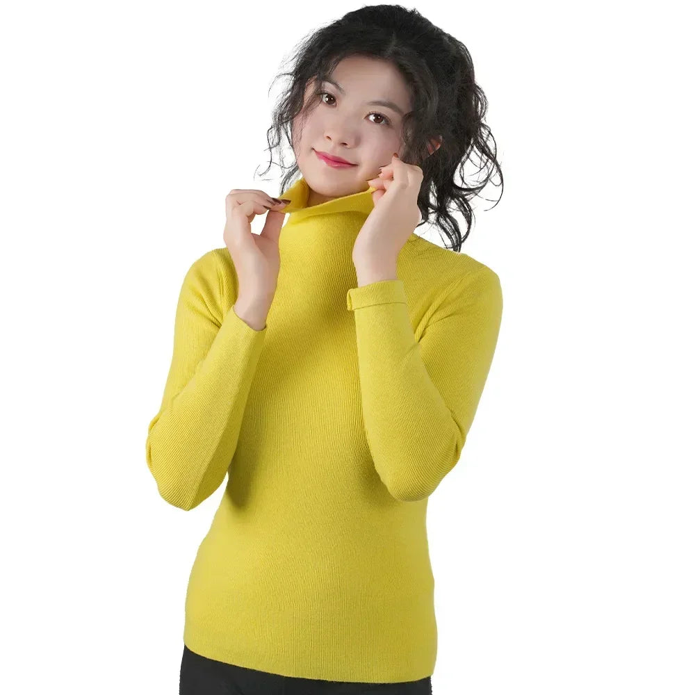 2025 Women Pullovers Turtleneck Sweater Solid Color Pile Neck Knitwear Autumn Winter Warm Jumper Tops Pull Femme Christmas Gift