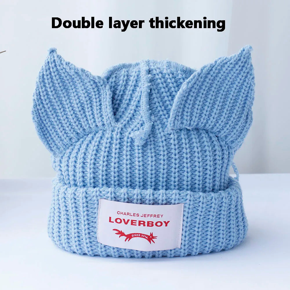 2022 Winter Skullies Cute Women Long ears  fox Hat Crochet Knitted Hat Costume Beanie Hats Women christmas Gift Hip-hop Cap