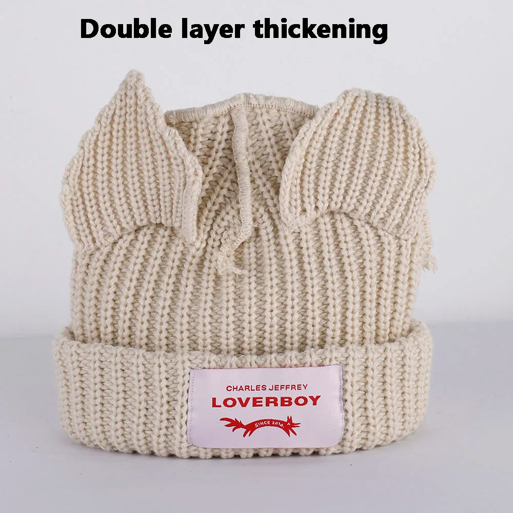 2022 Winter Skullies Cute Women Long ears  fox Hat Crochet Knitted Hat Costume Beanie Hats Women christmas Gift Hip-hop Cap