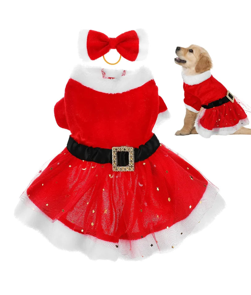 1 Set Dog Christmas Costume Dog Santa Claus Apparel Dress Puppy Winter Dressing  Holiday Party Costume Dog Apparel With Bow