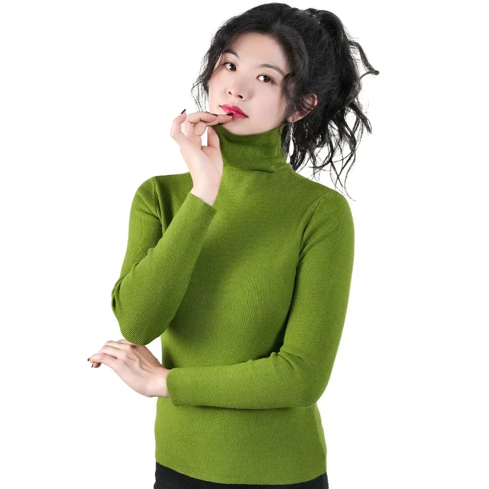 2025 Women Pullovers Turtleneck Sweater Solid Color Pile Neck Knitwear Autumn Winter Warm Jumper Tops Pull Femme Christmas Gift