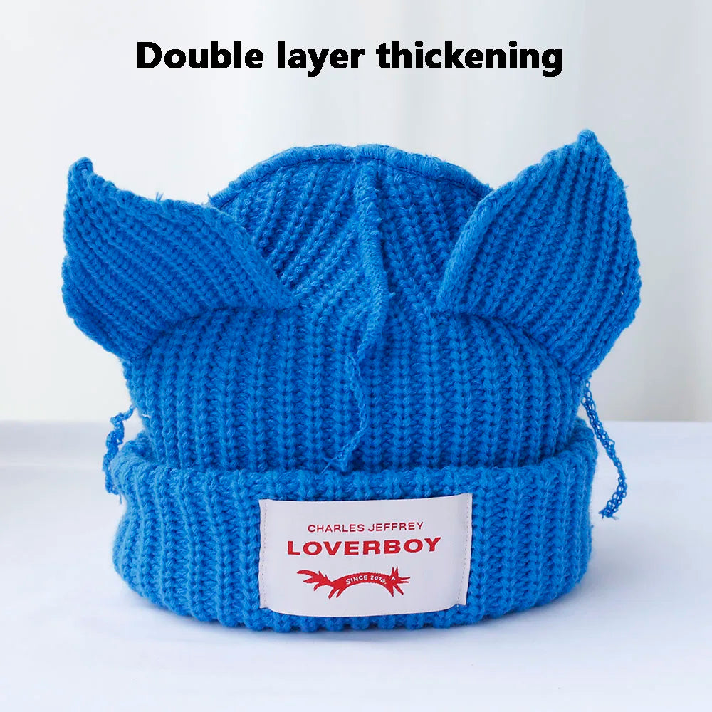 2022 Winter Skullies Cute Women Long ears  fox Hat Crochet Knitted Hat Costume Beanie Hats Women christmas Gift Hip-hop Cap