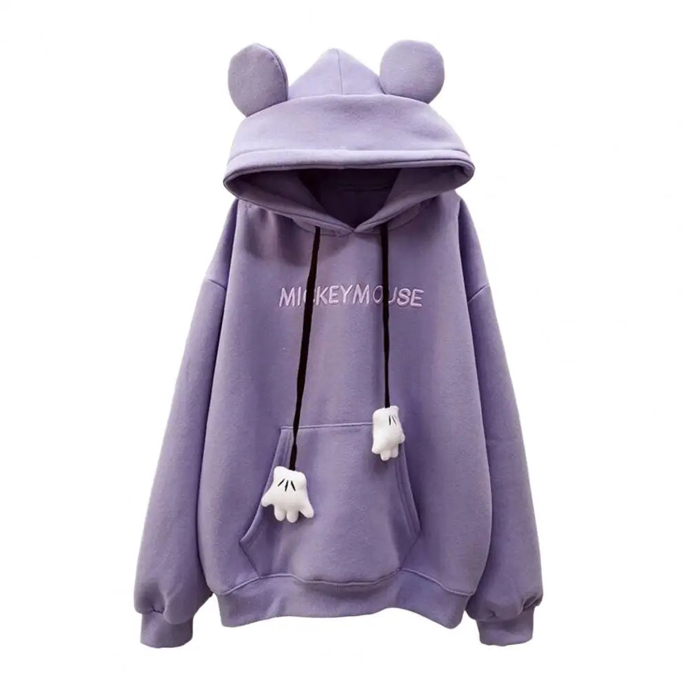 Winter New Women's Hoodie High Street Patch Pockets Cartoon Ear Decor Oversize Loose Sweatshirts Outerwear Top Pullover Warm
