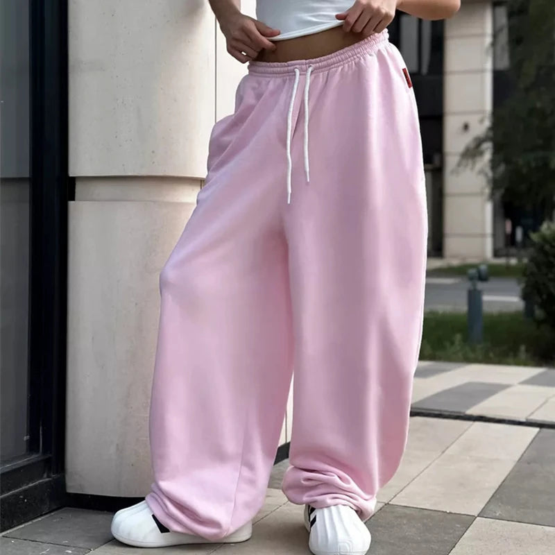 OMSJ Simple Fashion Sweatpants For Women Street Style Y2K Lace Up Loose Fit Leisure Comfort Solid Color Sports Joggings Trousers
