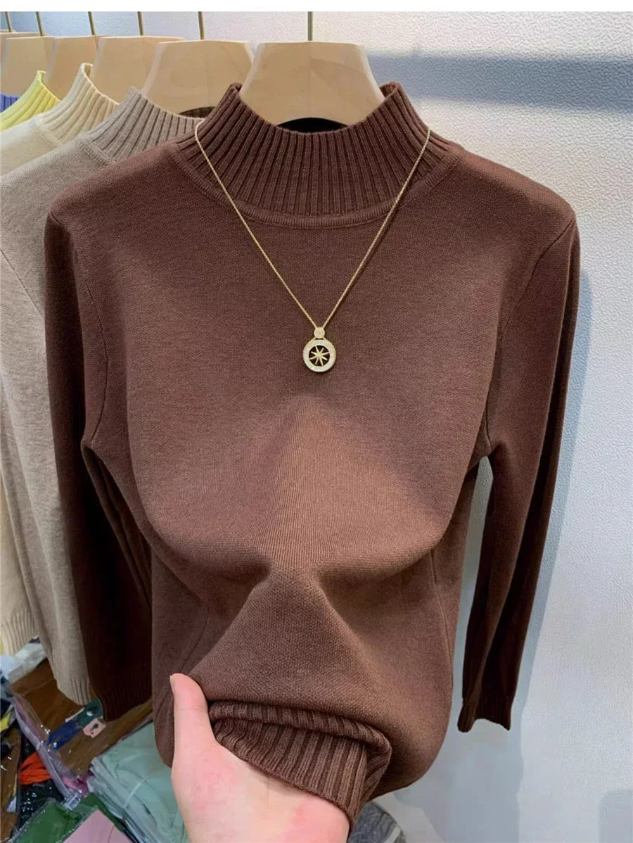Candy Color Half Turtleneck Sweater Pullover Women Fall Winter Slim Soft Knitwear Jumper Korean Casual Warm Knit Long Sleeve Top