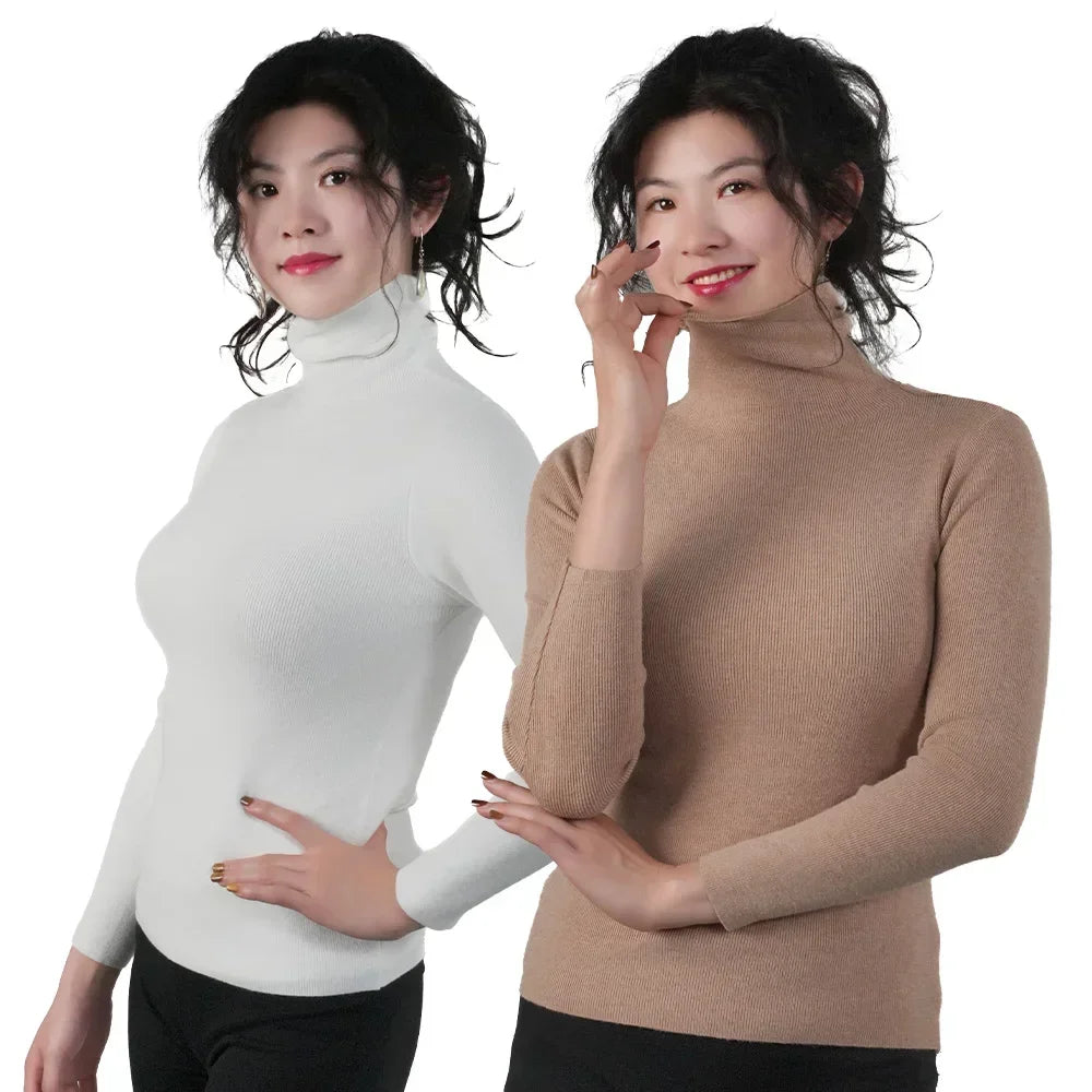 2025 Women Pullovers Turtleneck Sweater Solid Color Pile Neck Knitwear Autumn Winter Warm Jumper Tops Pull Femme Christmas Gift