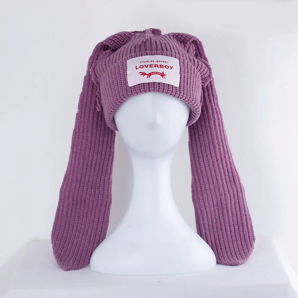 2022 Winter Skullies Cute Women Long ears  fox Hat Crochet Knitted Hat Costume Beanie Hats Women christmas Gift Hip-hop Cap