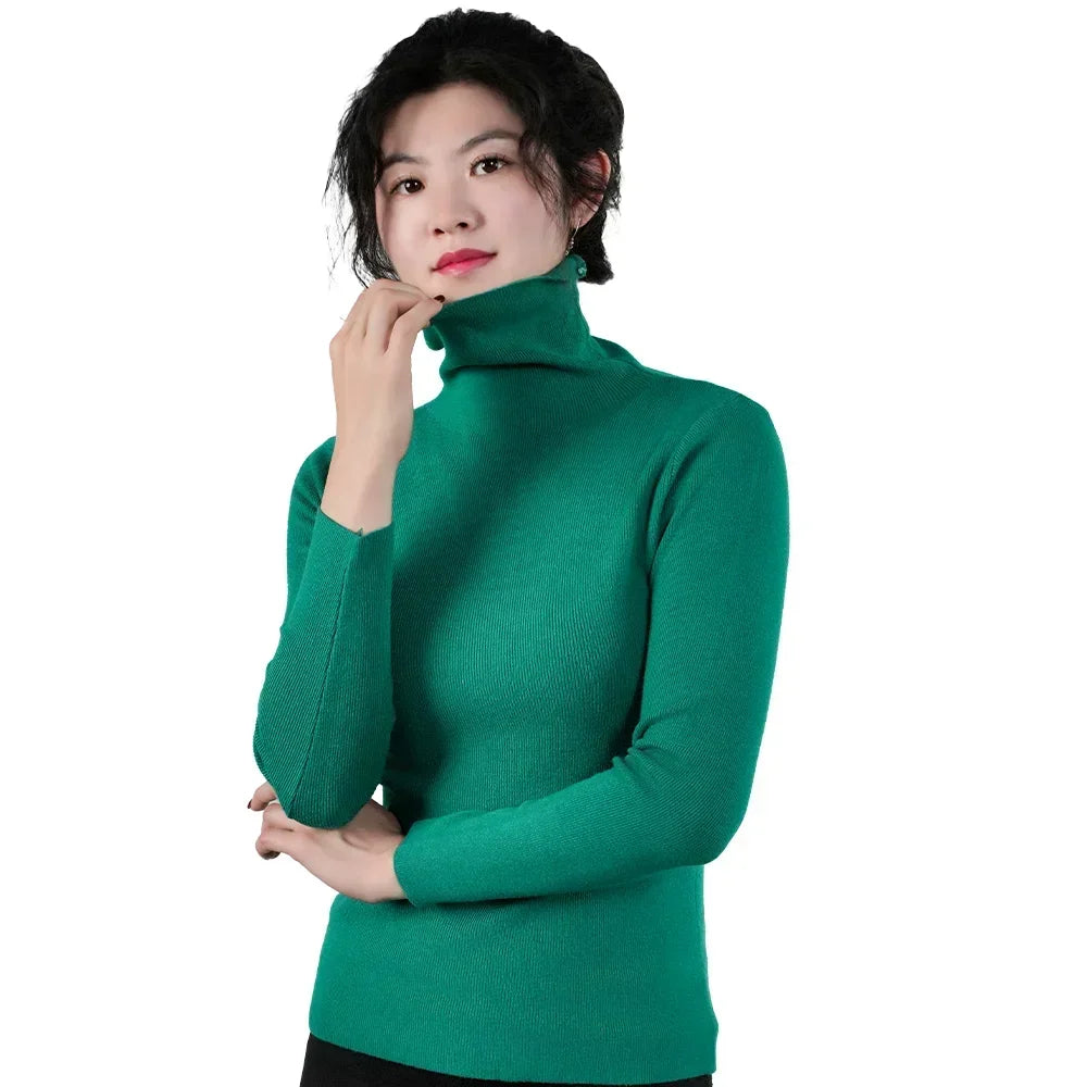 2025 Women Pullovers Turtleneck Sweater Solid Color Pile Neck Knitwear Autumn Winter Warm Jumper Tops Pull Femme Christmas Gift
