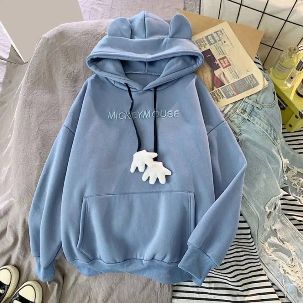 Winter New Women's Hoodie High Street Patch Pockets Cartoon Ear Decor Oversize Loose Sweatshirts Outerwear Top Pullover Warm
