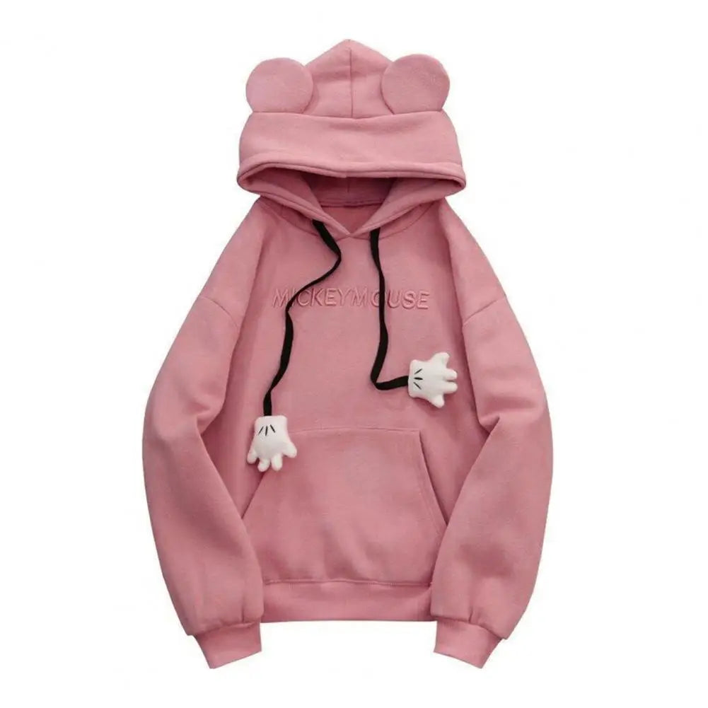 Winter New Women's Hoodie High Street Patch Pockets Cartoon Ear Decor Oversize Loose Sweatshirts Outerwear Top Pullover Warm