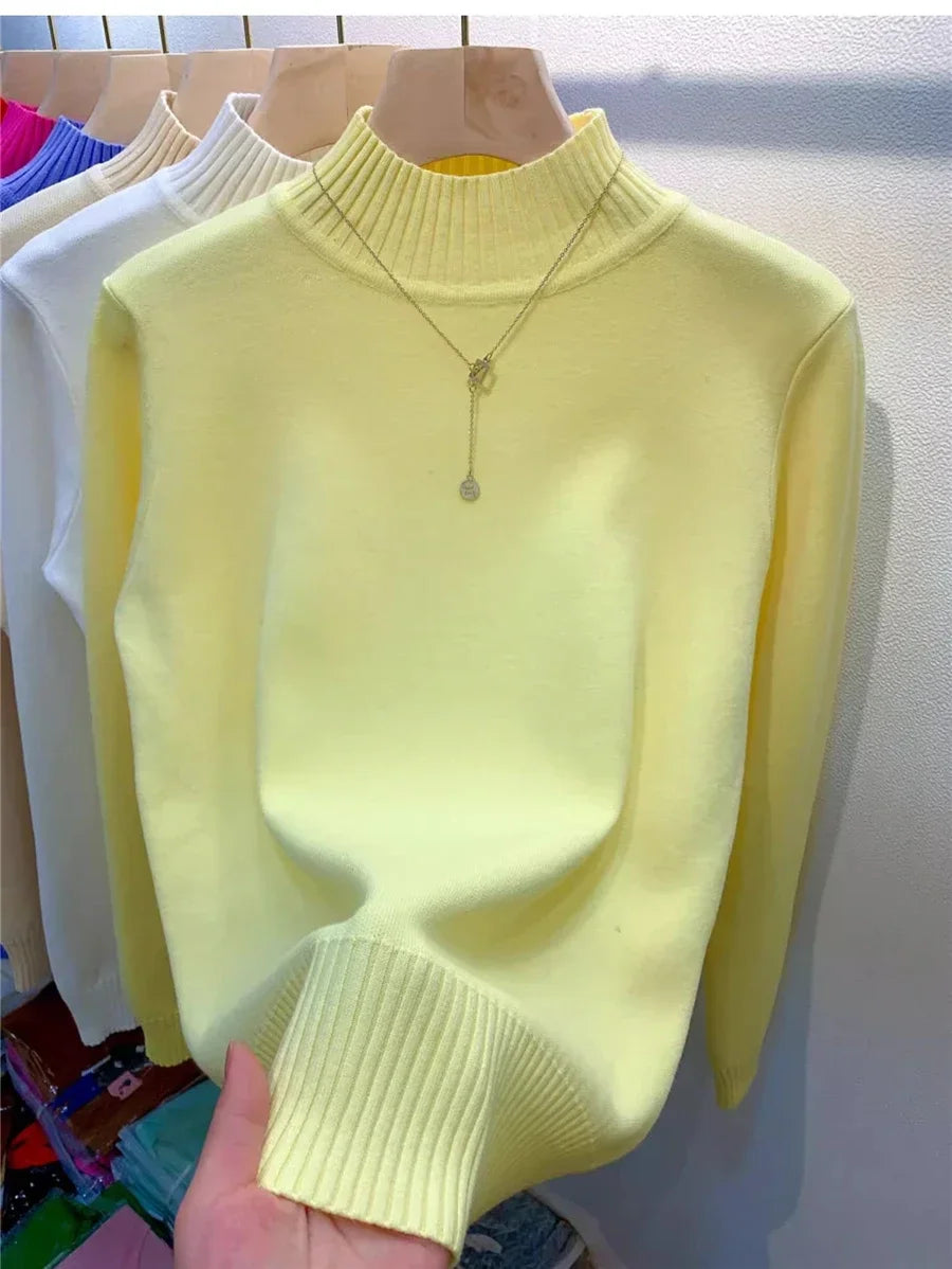 Candy Color Half Turtleneck Sweater Pullover Women Fall Winter Slim Soft Knitwear Jumper Korean Casual Warm Knit Long Sleeve Top