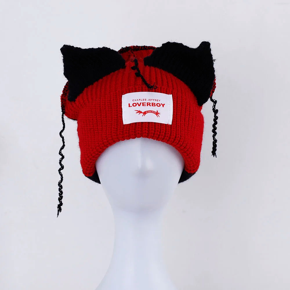 2022 Winter Skullies Cute Women Long ears  fox Hat Crochet Knitted Hat Costume Beanie Hats Women christmas Gift Hip-hop Cap