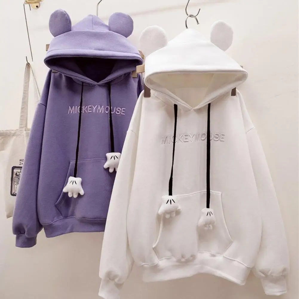 Winter New Women's Hoodie High Street Patch Pockets Cartoon Ear Decor Oversize Loose Sweatshirts Outerwear Top Pullover Warm