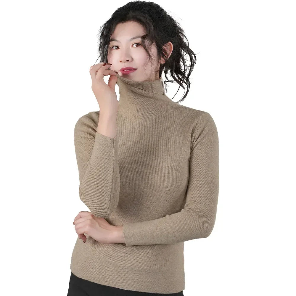 2025 Women Pullovers Turtleneck Sweater Solid Color Pile Neck Knitwear Autumn Winter Warm Jumper Tops Pull Femme Christmas Gift