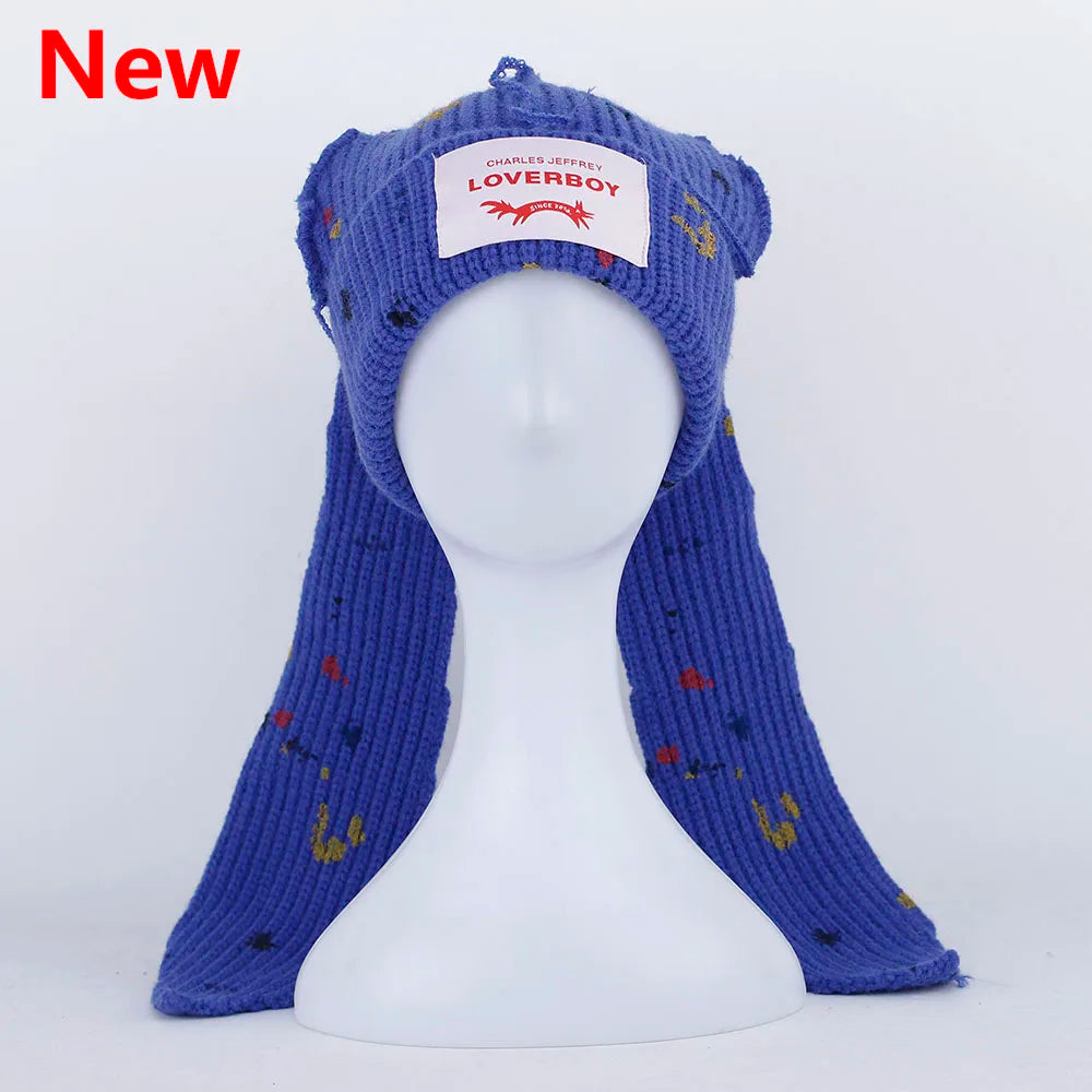 2022 Winter Skullies Cute Women Long ears  fox Hat Crochet Knitted Hat Costume Beanie Hats Women christmas Gift Hip-hop Cap