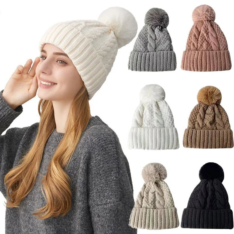 Winter Twist Knitting Hats Warm Fur Pompom Thick Plush Cap Beanies Solid Ladies Versatile Ski Snow Skullies Beanies Velvet Hat