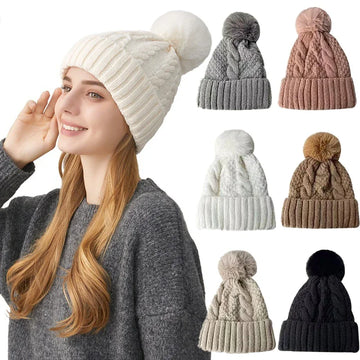 Winter Twist Knitting Hats Warm Fur Pompom Thick Plush Cap Beanies Solid Ladies Versatile Ski Snow Skullies Beanies Velvet Hat