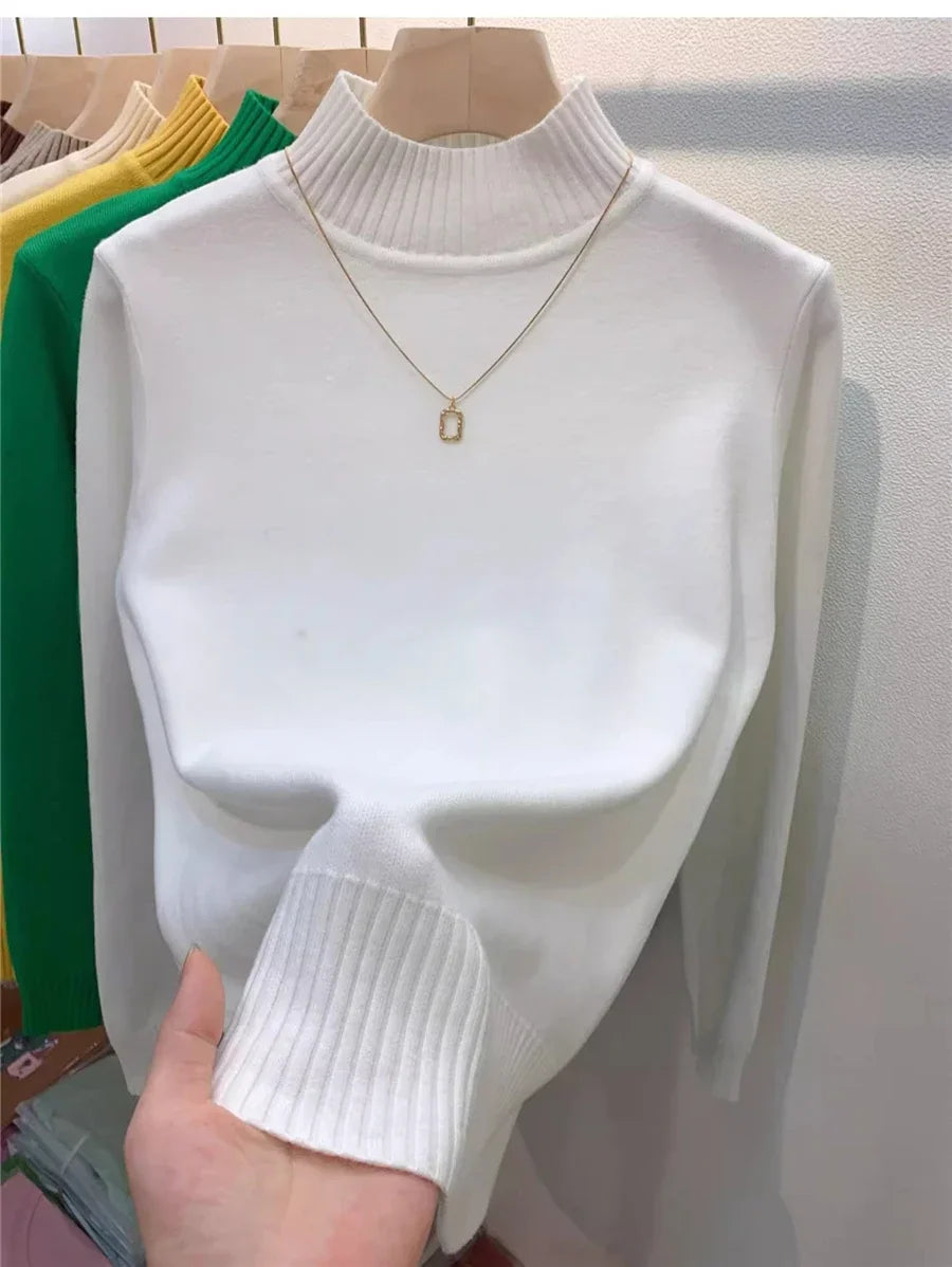 Candy Color Half Turtleneck Sweater Pullover Women Fall Winter Slim Soft Knitwear Jumper Korean Casual Warm Knit Long Sleeve Top
