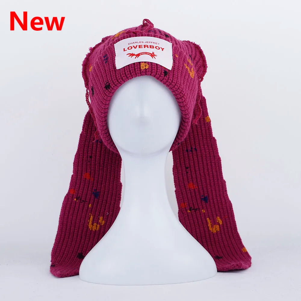 2022 Winter Skullies Cute Women Long ears  fox Hat Crochet Knitted Hat Costume Beanie Hats Women christmas Gift Hip-hop Cap