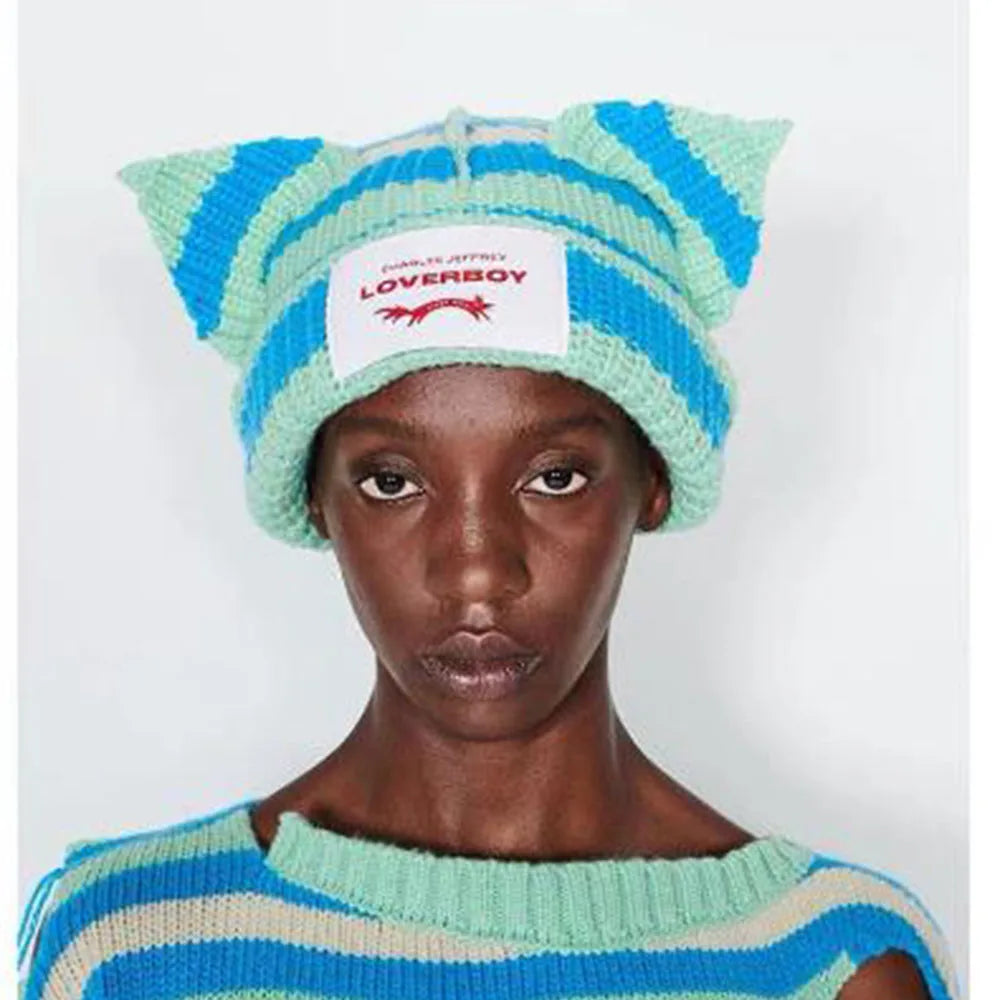 2022 Winter Skullies Cute Women Long ears  fox Hat Crochet Knitted Hat Costume Beanie Hats Women christmas Gift Hip-hop Cap