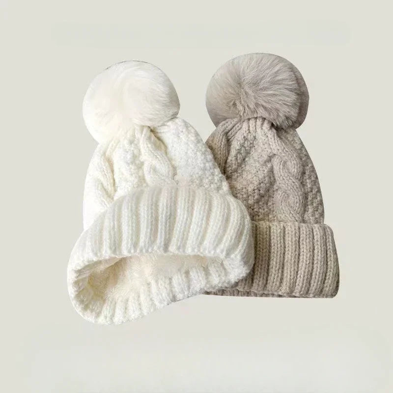 Winter Twist Knitting Hats Warm Fur Pompom Thick Plush Cap Beanies Solid Ladies Versatile Ski Snow Skullies Beanies Velvet Hat