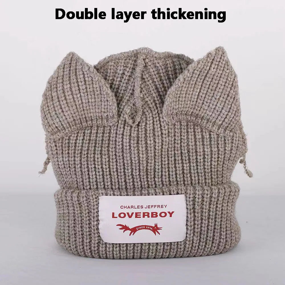 2022 Winter Skullies Cute Women Long ears  fox Hat Crochet Knitted Hat Costume Beanie Hats Women christmas Gift Hip-hop Cap