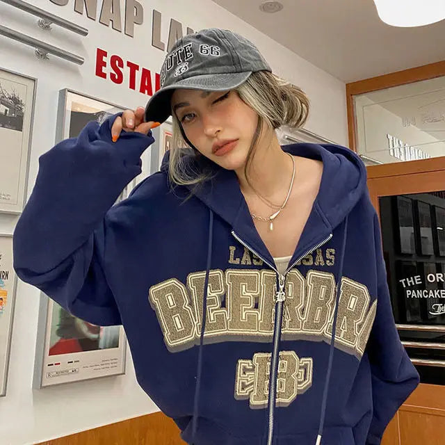 1Hoodies Women Retro Harajuku Hip Hop Jacket High Street Zip Up Hoodie Casual Loose Sweatshirt Clothes Y2K Tops oversized hoodie