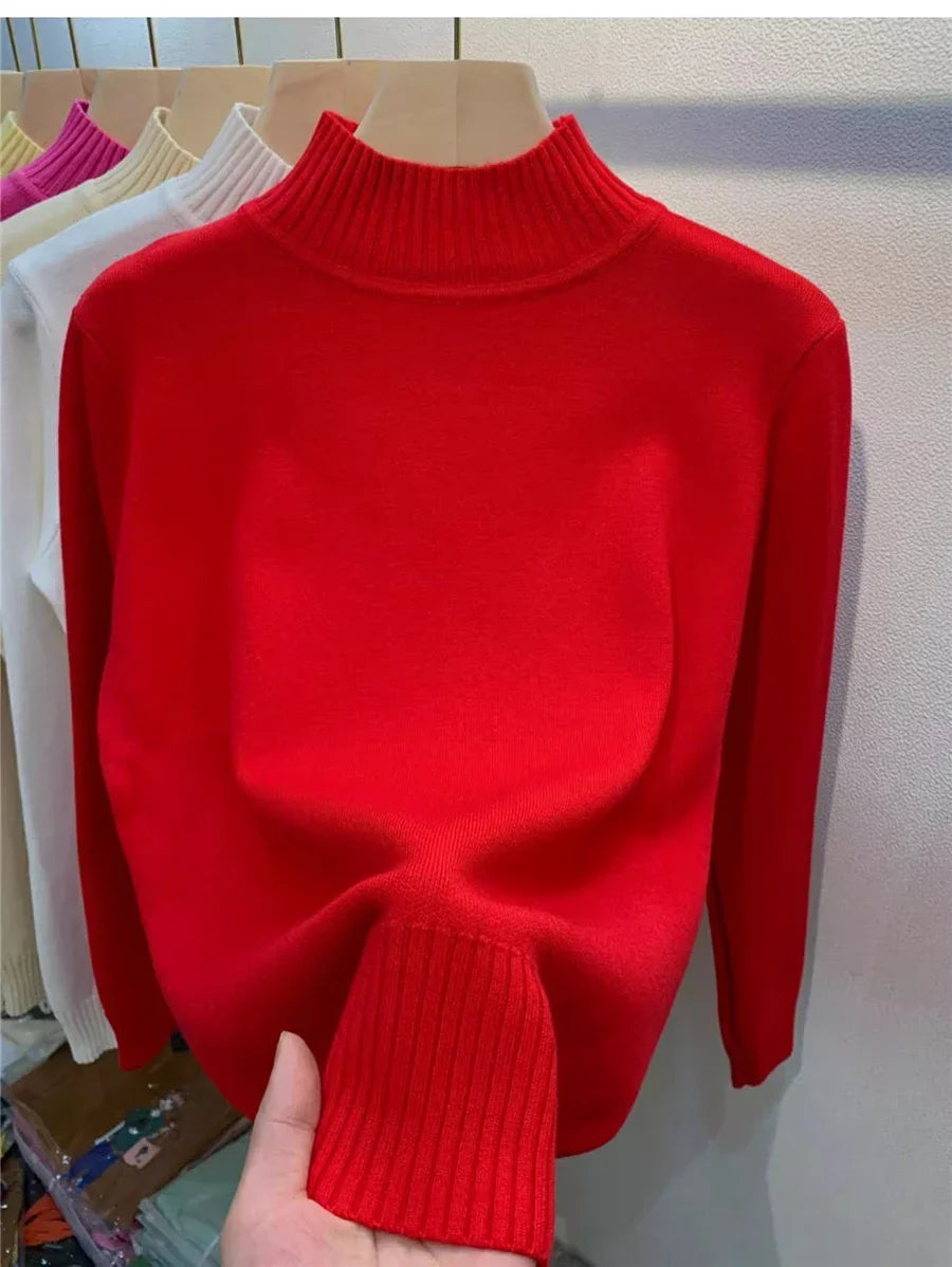 Candy Color Half Turtleneck Sweater Pullover Women Fall Winter Slim Soft Knitwear Jumper Korean Casual Warm Knit Long Sleeve Top