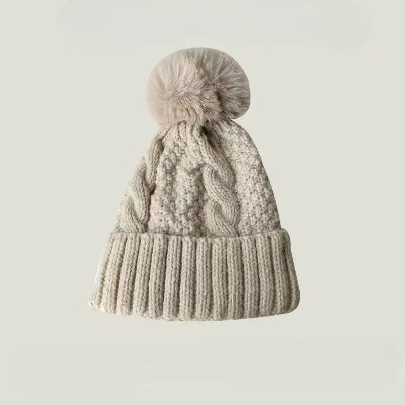 Winter Twist Knitting Hats Warm Fur Pompom Thick Plush Cap Beanies Solid Ladies Versatile Ski Snow Skullies Beanies Velvet Hat