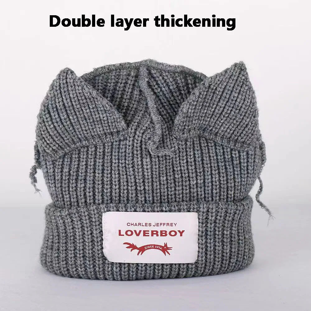 2022 Winter Skullies Cute Women Long ears  fox Hat Crochet Knitted Hat Costume Beanie Hats Women christmas Gift Hip-hop Cap