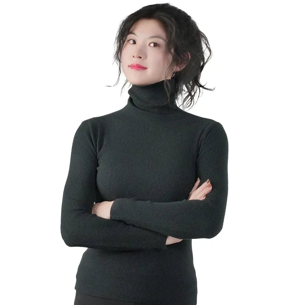 2025 Women Pullovers Turtleneck Sweater Solid Color Pile Neck Knitwear Autumn Winter Warm Jumper Tops Pull Femme Christmas Gift
