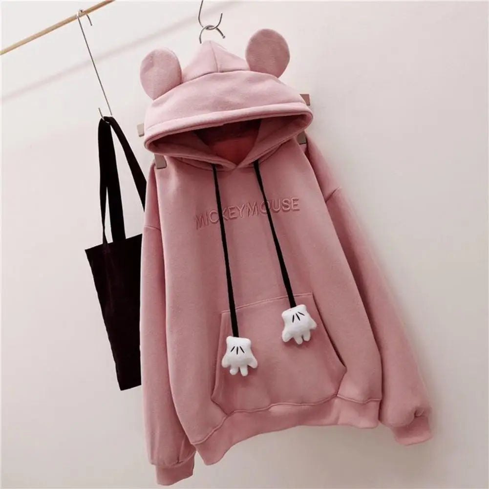 Winter New Women's Hoodie High Street Patch Pockets Cartoon Ear Decor Oversize Loose Sweatshirts Outerwear Top Pullover Warm