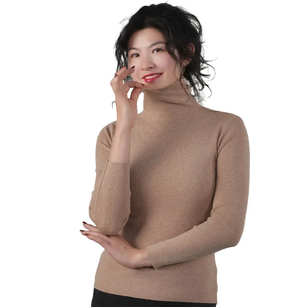2025 Women Pullovers Turtleneck Sweater Solid Color Pile Neck Knitwear Autumn Winter Warm Jumper Tops Pull Femme Christmas Gift