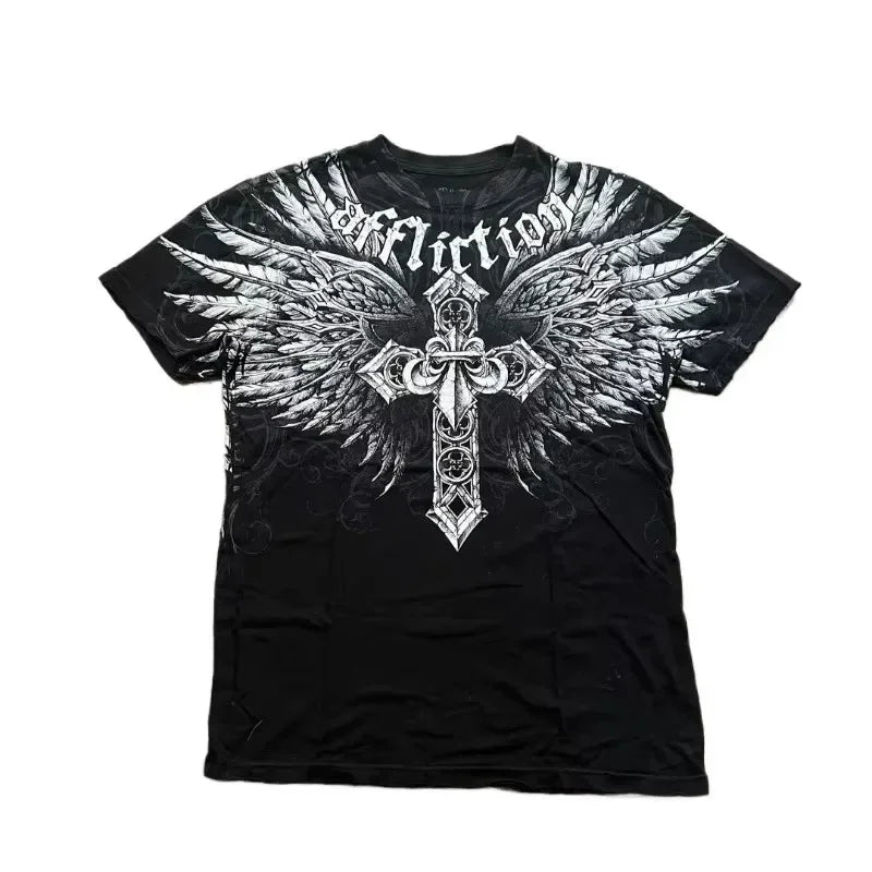 90s Affliction Dark Angel Wings T-shirt Woman Street American Dark Fashion Street Style With Antique Details Man Short Sleeves