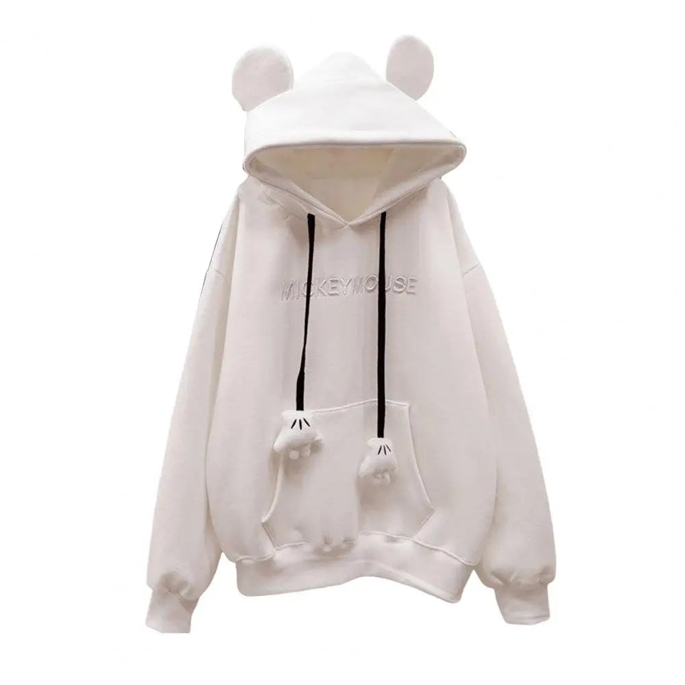 Winter New Women's Hoodie High Street Patch Pockets Cartoon Ear Decor Oversize Loose Sweatshirts Outerwear Top Pullover Warm