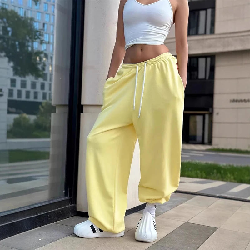 OMSJ Simple Fashion Sweatpants For Women Street Style Y2K Lace Up Loose Fit Leisure Comfort Solid Color Sports Joggings Trousers