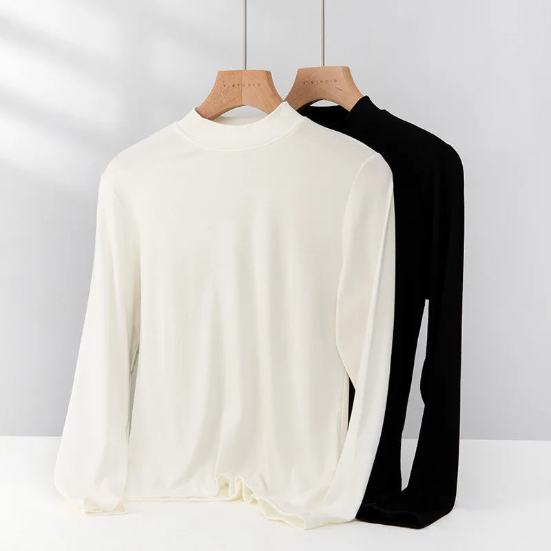 Women T-shirt Warm Long Sleeve Autumn Winter Half Turtleneck High Strecth Bottoming Shirts Fashion Korean Winter Inner Basic Top