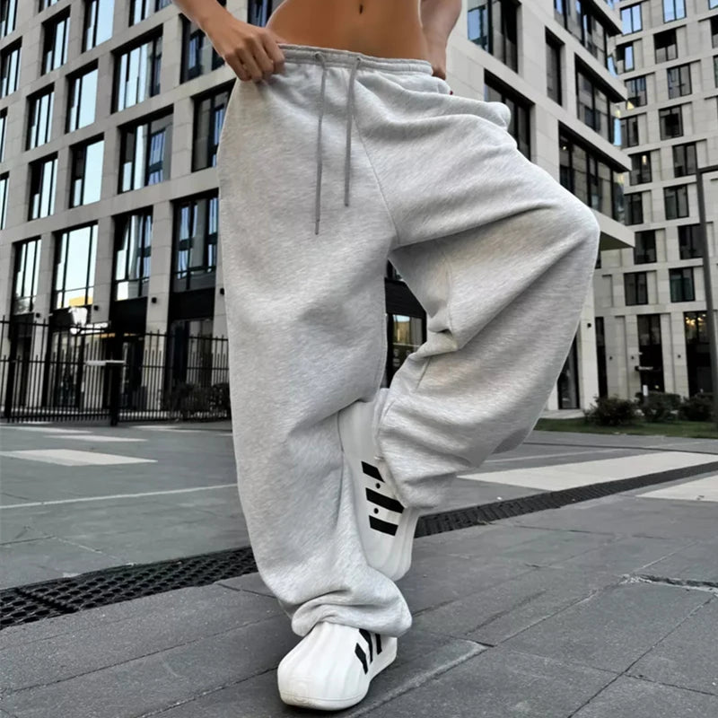 OMSJ Simple Fashion Sweatpants For Women Street Style Y2K Lace Up Loose Fit Leisure Comfort Solid Color Sports Joggings Trousers