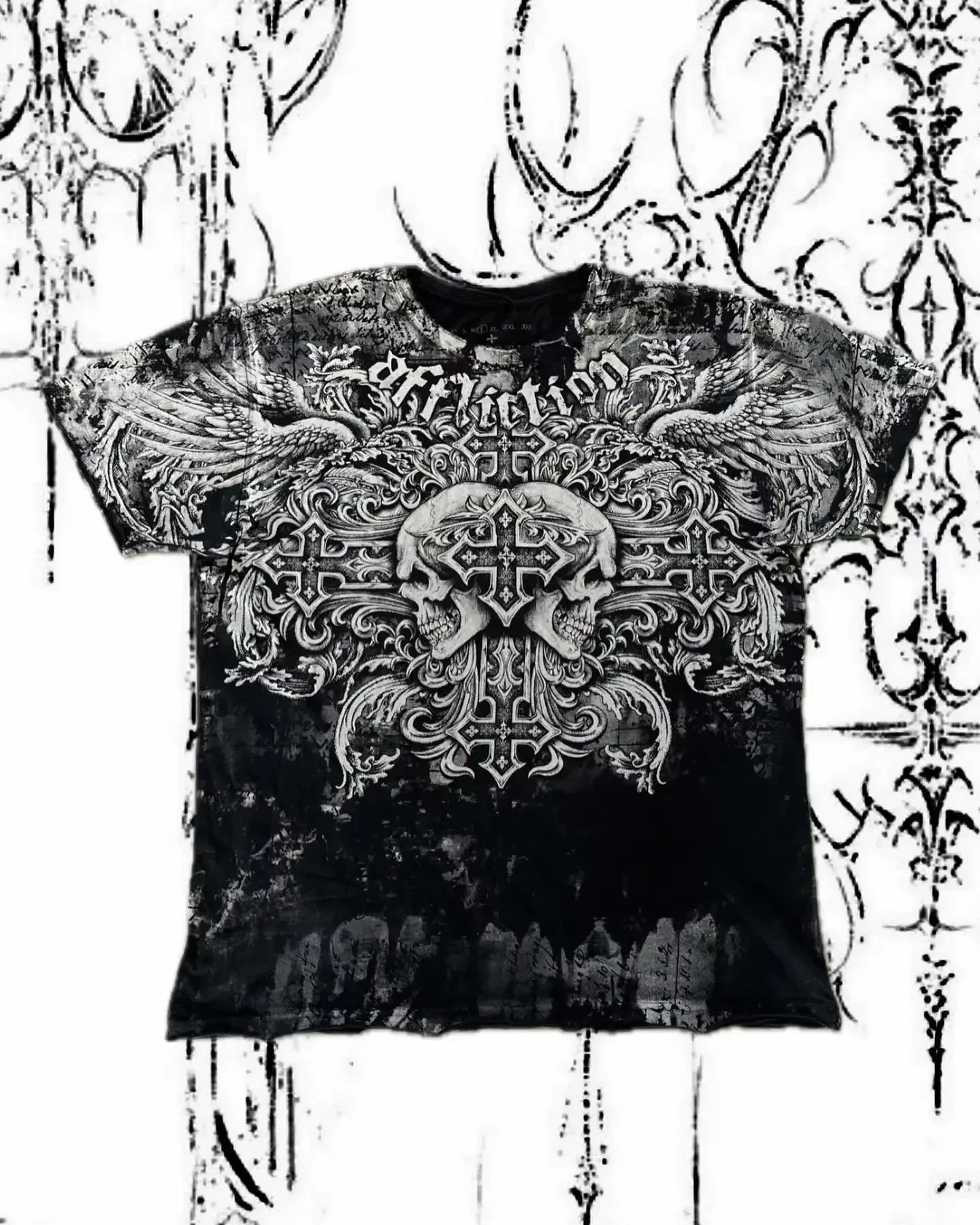 90s Affliction Dark Angel Wings T-shirt Woman Street American Dark Fashion Street Style With Antique Details Man Short Sleeves
