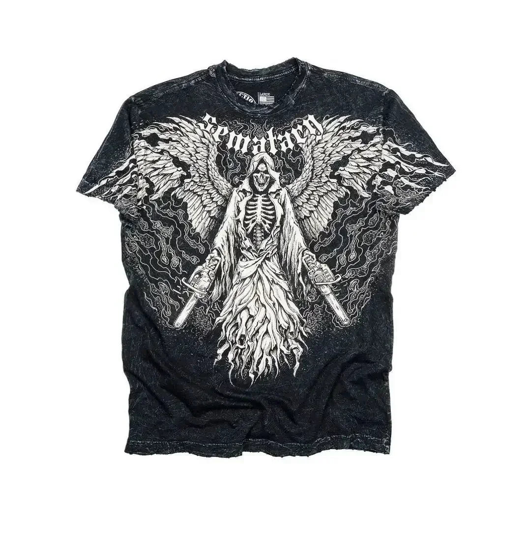 90s Affliction Dark Angel Wings T-shirt Woman Street American Dark Fashion Street Style With Antique Details Man Short Sleeves